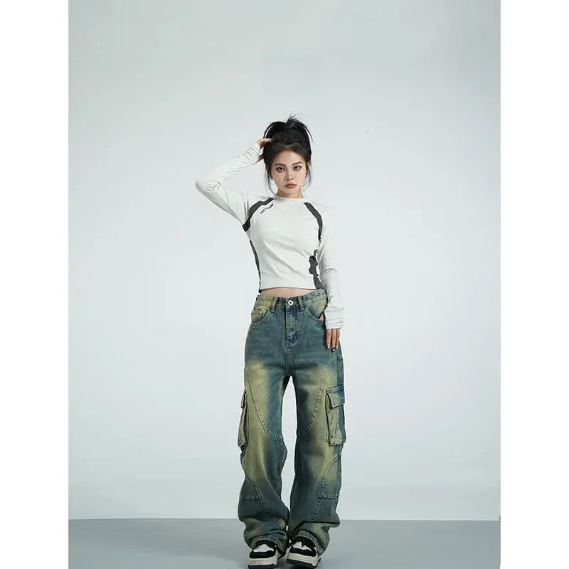 High Streetwear Leg Waist Blue Cargo American Fashion Y2K Wide Winter Jeans