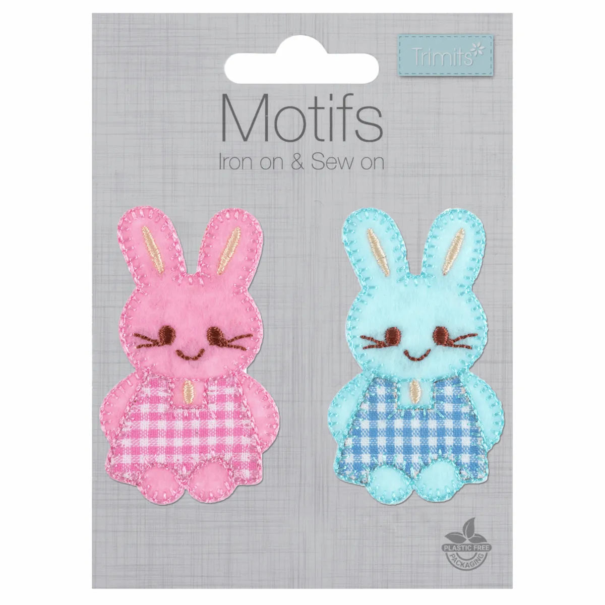 Iron-On/Sew On Motif Patch - Pink & Blue Checked Bunnies