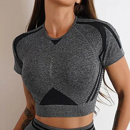 LANTECH Gym Shirts Seamless Crop Tops Yoga Fitness Women Tights Sports Short Sleeve Running Workout Ombre Sportswear Activewear