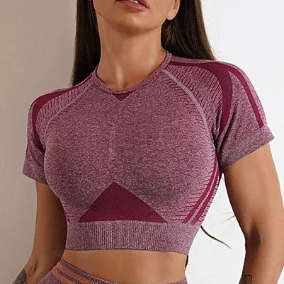 LANTECH Gym Shirts Seamless Crop Tops Yoga Fitness Women Tights Sports Short Sleeve Running Workout Ombre Sportswear Activewear