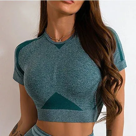 LANTECH Gym Shirts Seamless Crop Tops Yoga Fitness Women Tights Sports Short Sleeve Running Workout Ombre Sportswear Activewear