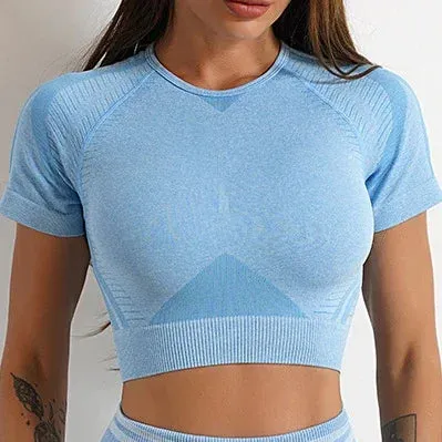 LANTECH Gym Shirts Seamless Crop Tops Yoga Fitness Women Tights Sports Short Sleeve Running Workout Ombre Sportswear Activewear