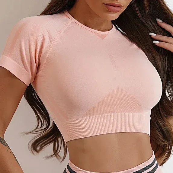 LANTECH Gym Shirts Seamless Crop Tops Yoga Fitness Women Tights Sports Short Sleeve Running Workout Ombre Sportswear Activewear