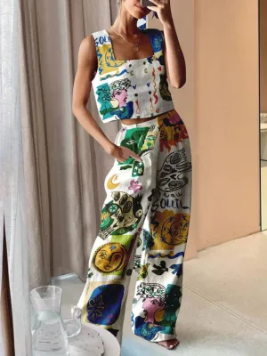 New women's printed wide-leg pants   vest casual fashion two-piece suit