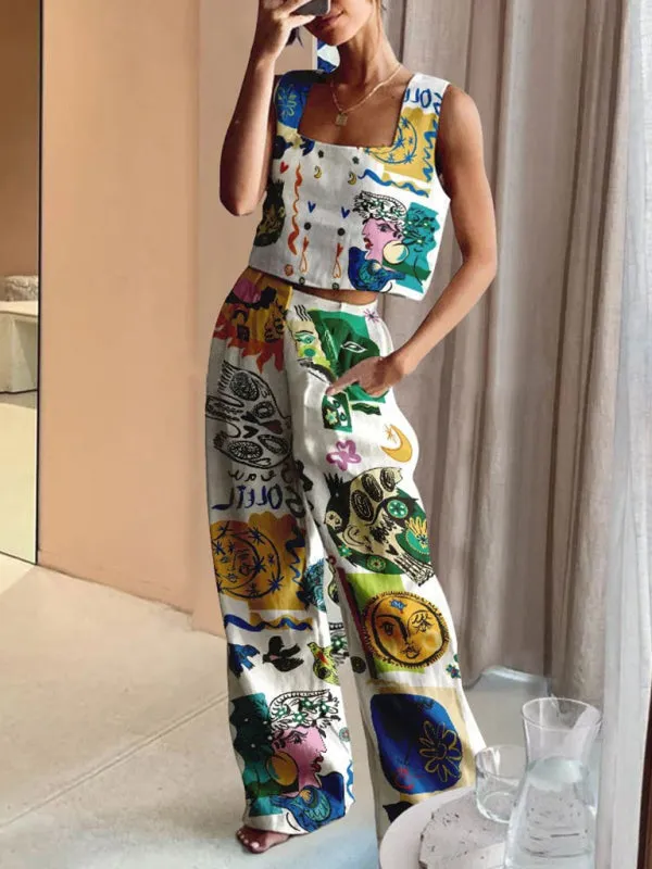 New women's printed wide-leg pants   vest casual fashion two-piece suit