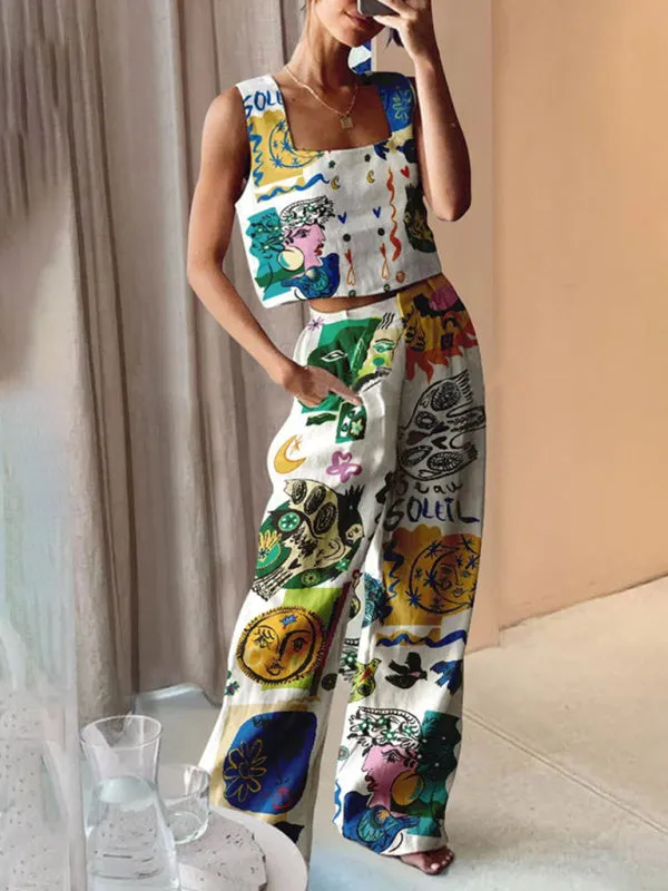 New women's printed wide-leg pants   vest casual fashion two-piece suit