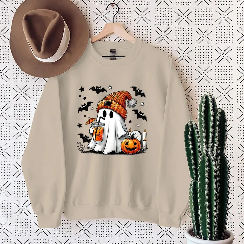 New Women's Sweatshirt Halloween Ghost Pumpkin Bat Print Round Neck Pullovers Ladies Autumn Winter Casual Halloween Sweatshirt