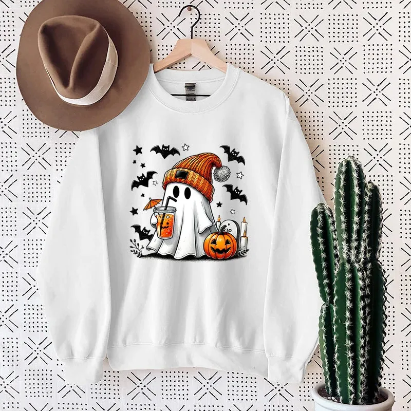 New Women's Sweatshirt Halloween Ghost Pumpkin Bat Print Round Neck Pullovers Ladies Autumn Winter Casual Halloween Sweatshirt