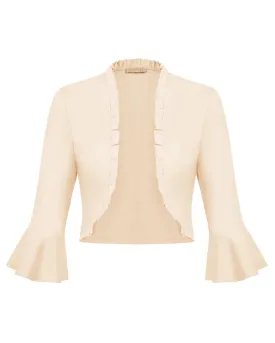 Seckill Offer⌛Ruffled Trim Shrug 3/4 Bell Sleeve Open Front Cropped Bolero