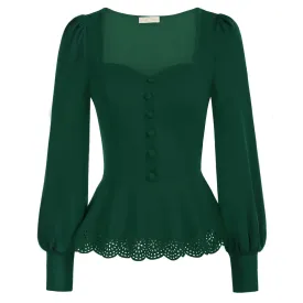 Seckill Offer⌛Vintage Burn-out Hem Tops Long Lantern Sleeve Square Neck Peplum Tops