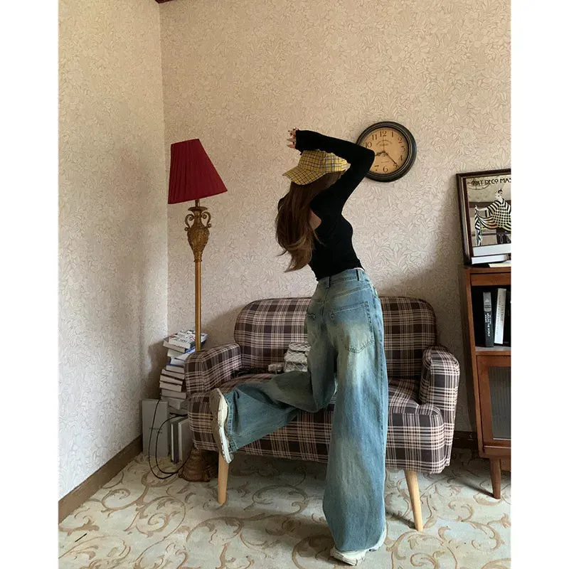 Wide Streetwear Baggy Y2K Vintage Blue 90s Denim Waist Leg American High Jeans