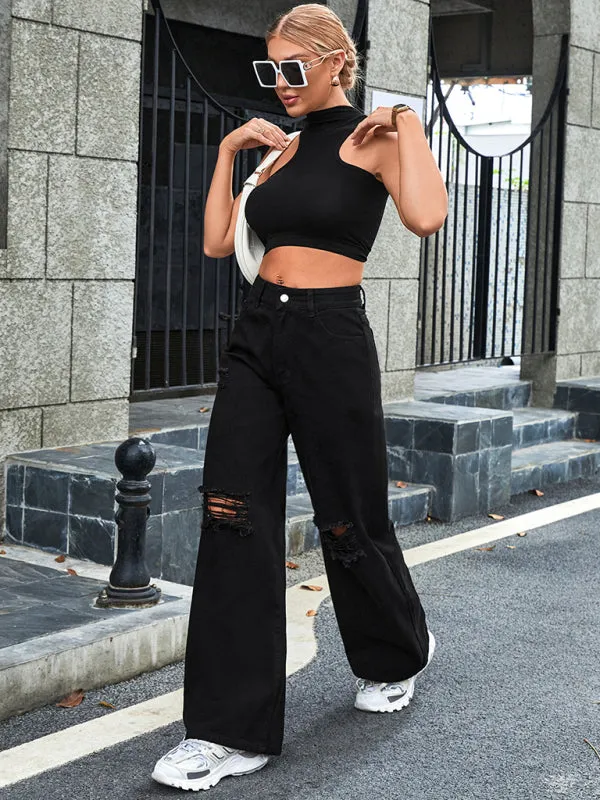 Women's Ripped High Waist Side Leg Jeans
